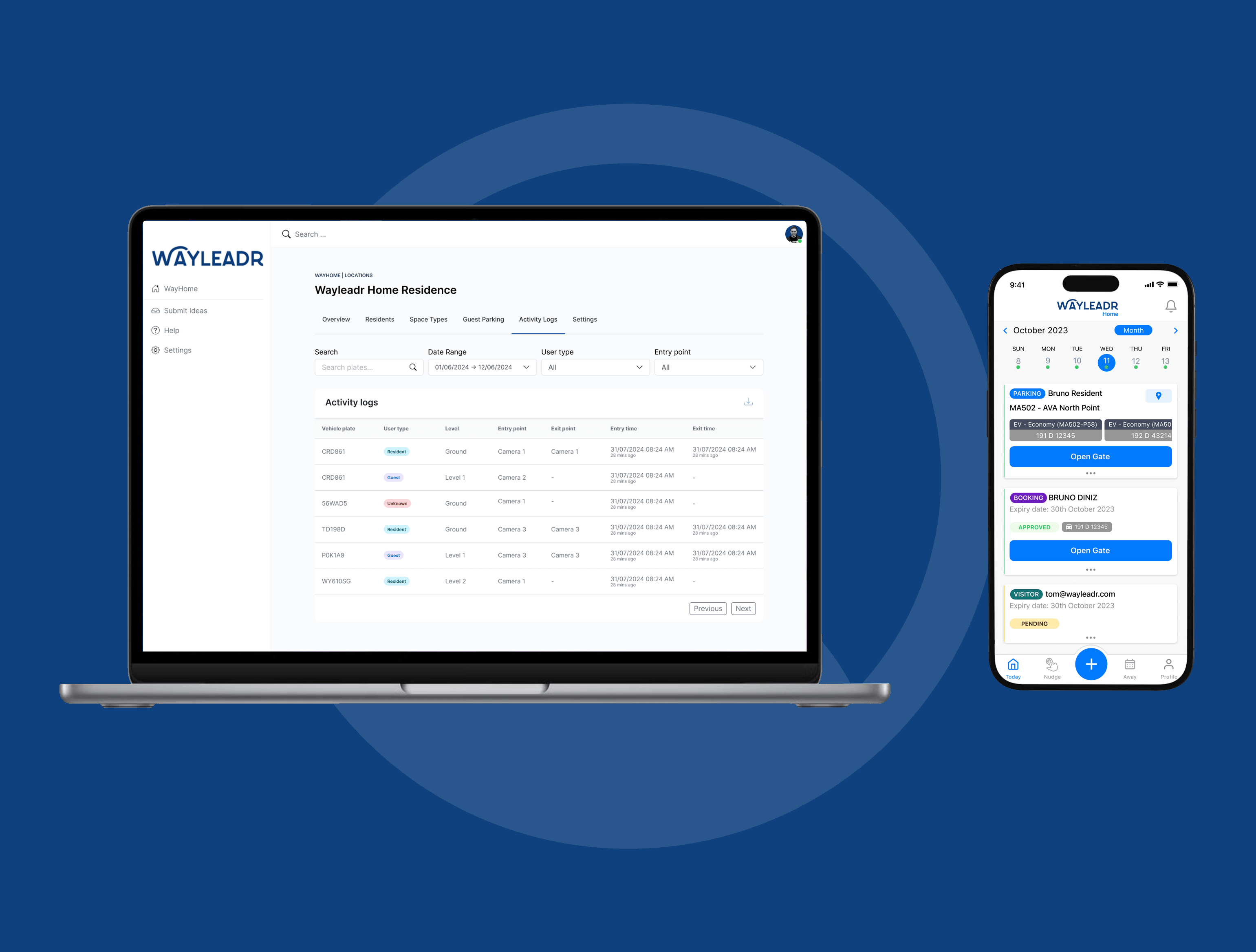 A laptop and smartphone display a software interface with activity logs and booking options against a blue background.