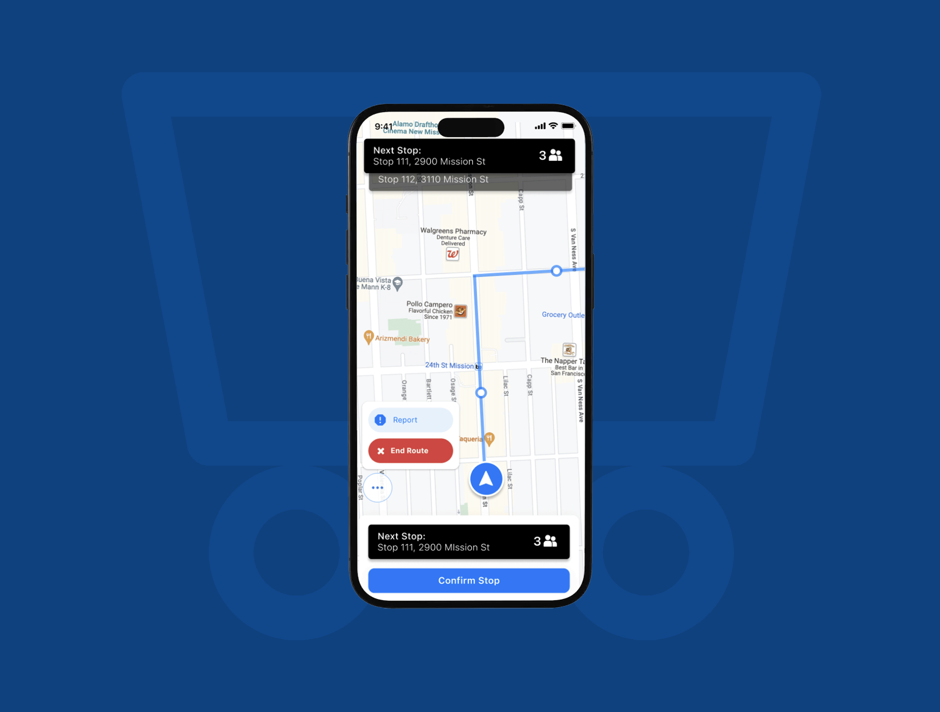Smartphone displaying a navigation map with a route and stops marked, showing options to report, end route, and confirm stop on a blue background.