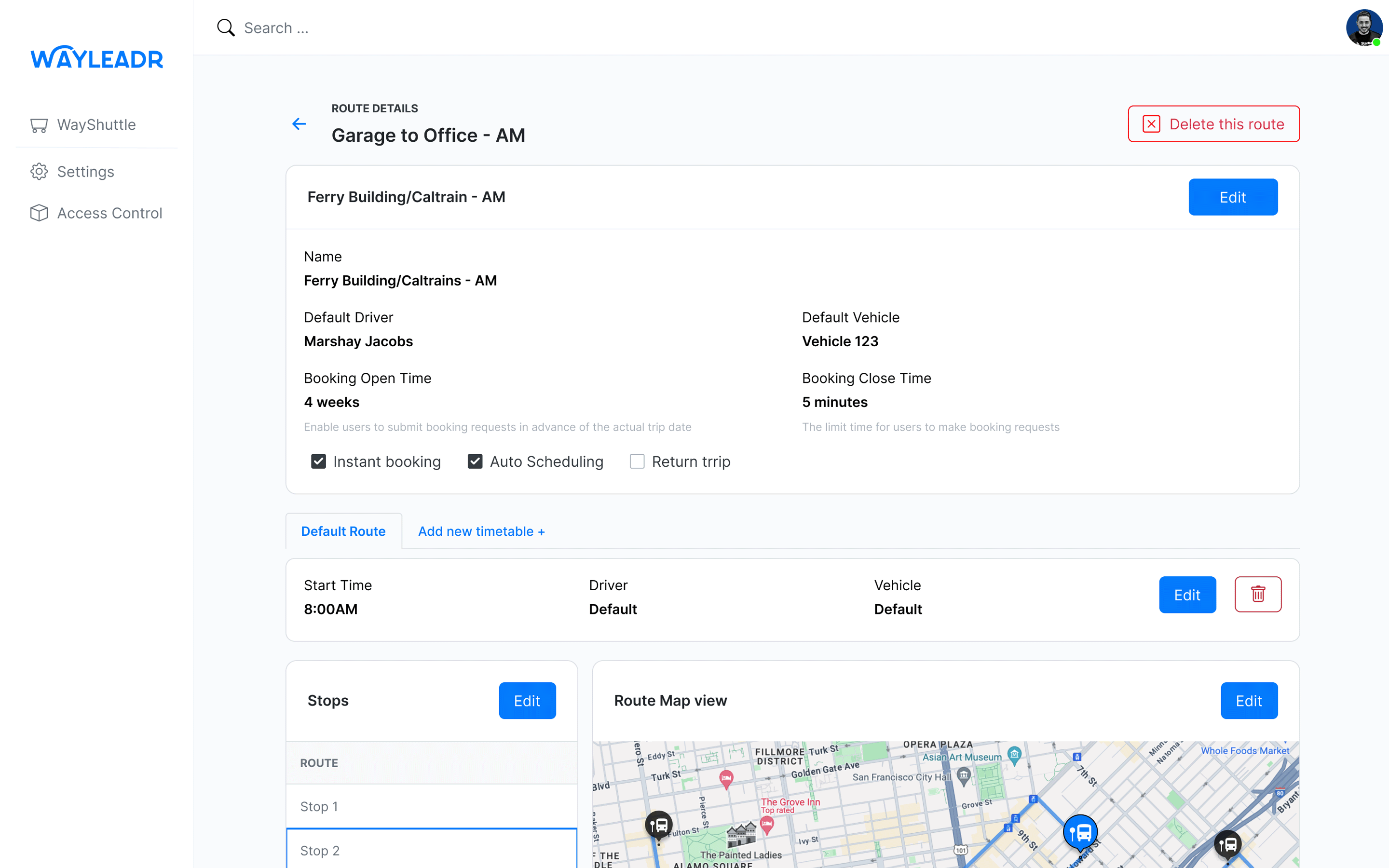 Screenshot of a transportation booking interface showing route details titled "Garage to Office - AM" with options for editing, booking, and a map view at the bottom.