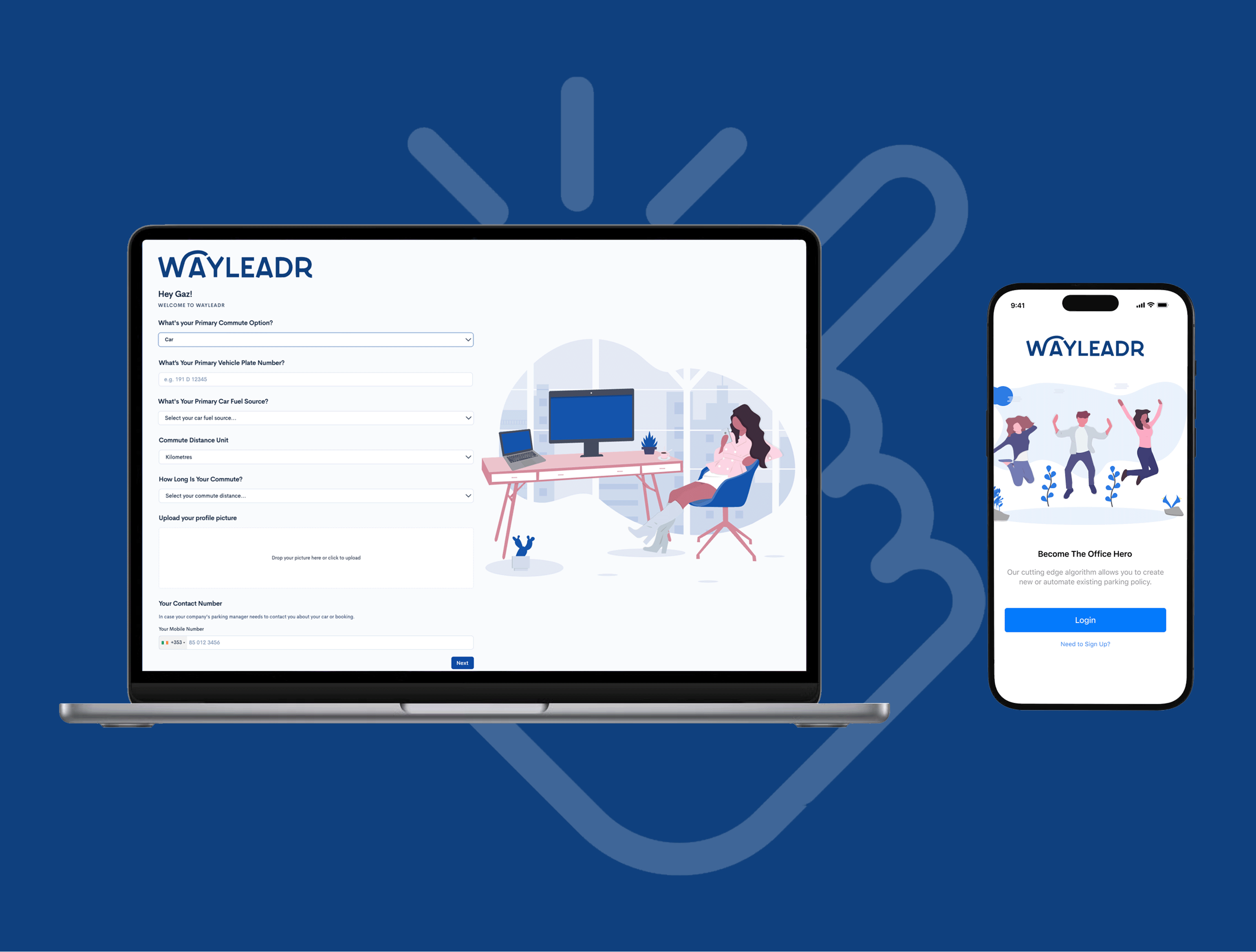 A laptop and smartphone display the Wayleadr app interface. The laptop shows a form, while the smartphone shows a login screen with illustrations of people.