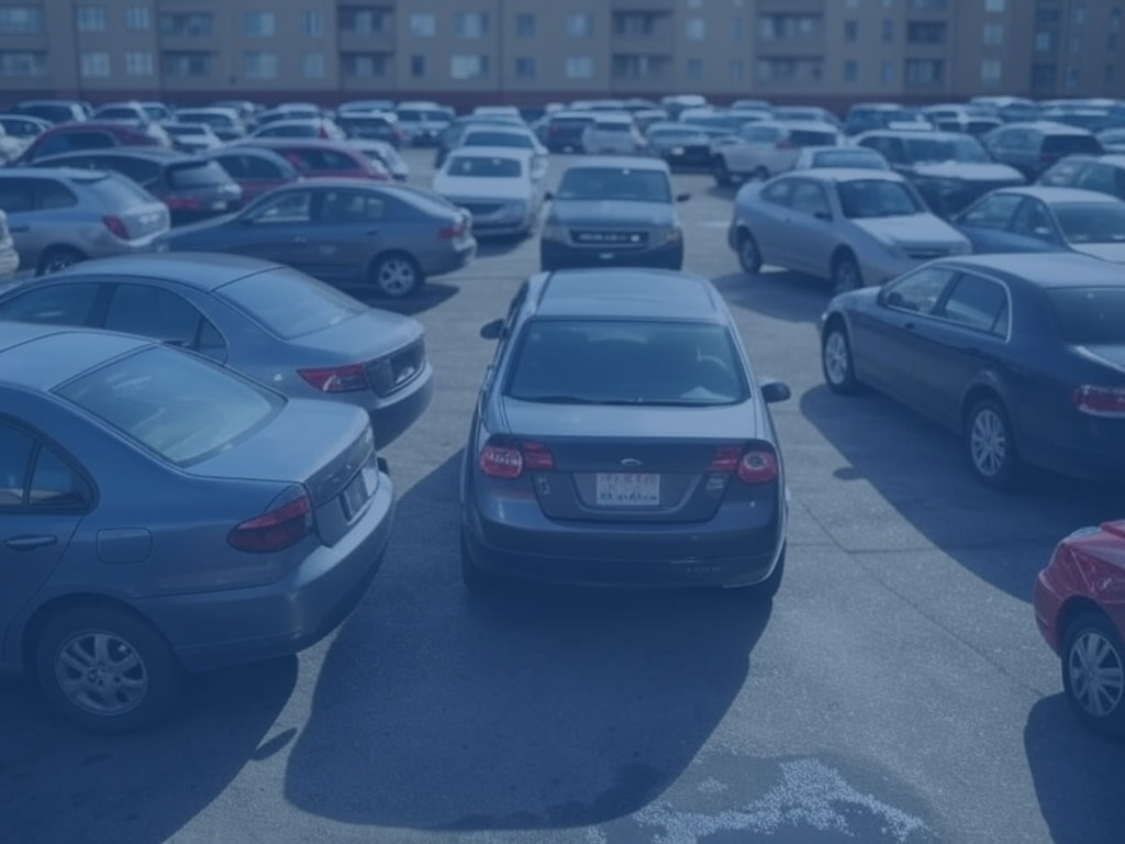 A crowded parking lot, showcasing an apartment parking solution, is filled with various cars under a blue-tinted overlay, with an apartment building in the background.