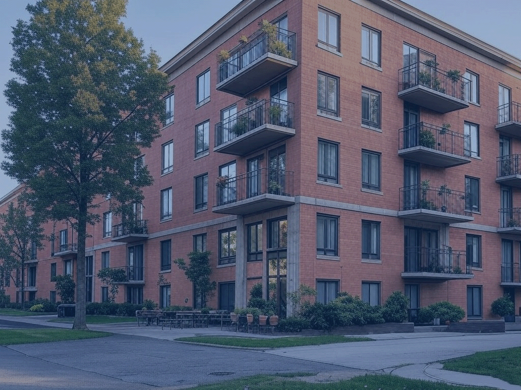 A four-story brick apartment building with balconies, surrounded by trees and grass, offers ideal apartment parking options next to the driveway.