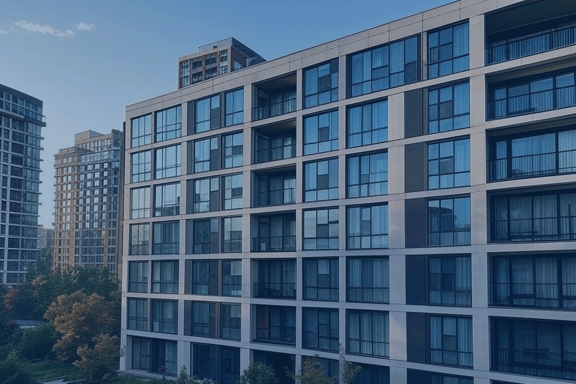 Multifamily properties with large windows, balconies, and a mix of gray and beige panels. Trees and more buildings visible in the background.