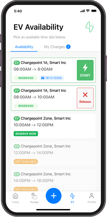 Smartphone screen showing EV charging time slots. "Reserved" and "Start" options in green, "Release" option in red. Various time slots from 6:00 AM to 4:00 PM displayed. "EV" tab selected.