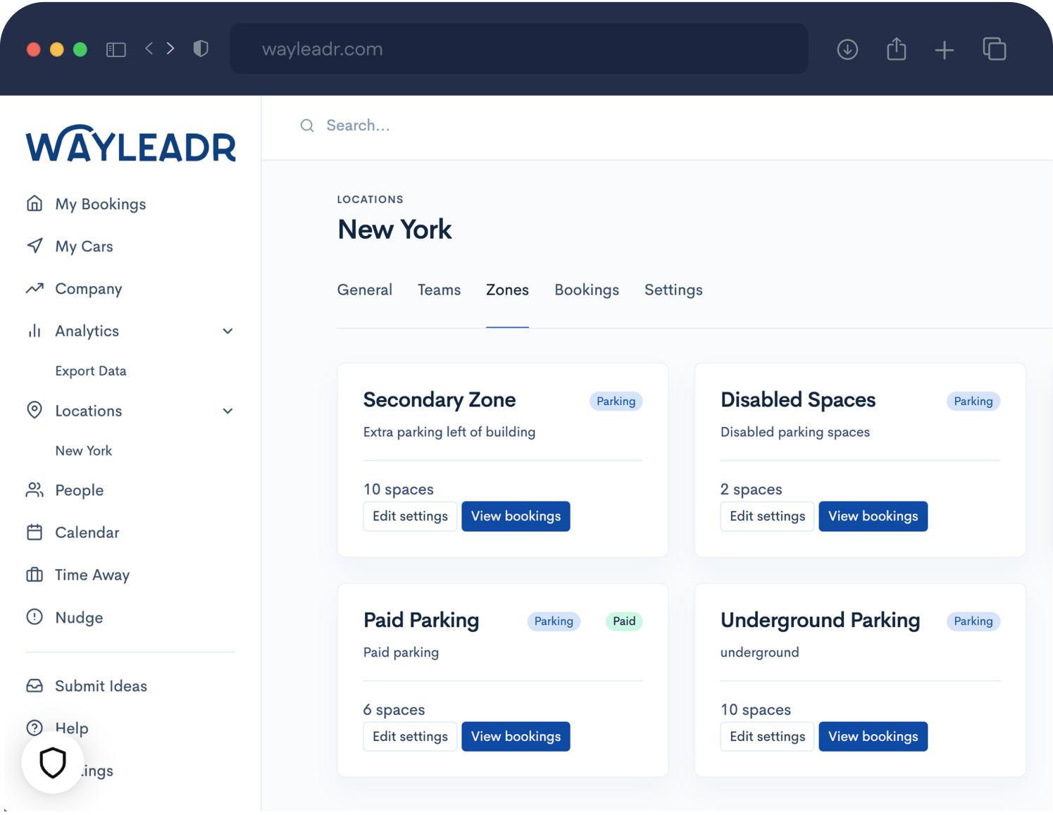 Dashboard interface for a parking management app showing zones in New York, with options for Secondary Zone, Disabled Spaces, Paid Parking, and Underground Parking.