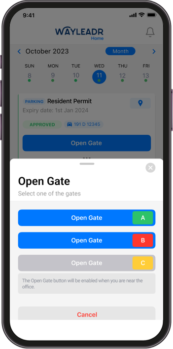 A smartphone screen displays a multifamily parking app interface featuring a calendar and options to open gates labeled A, B, and C. The Open Gate button remains disabled until in close proximity, ensuring secure access for residents.