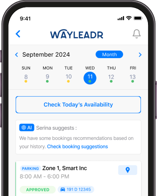 A mobile app screenshot showing a calendar for parking bookings in September 2024, with AI suggestions and booking details for "Zone 1, Smart Inc" on September 11th.