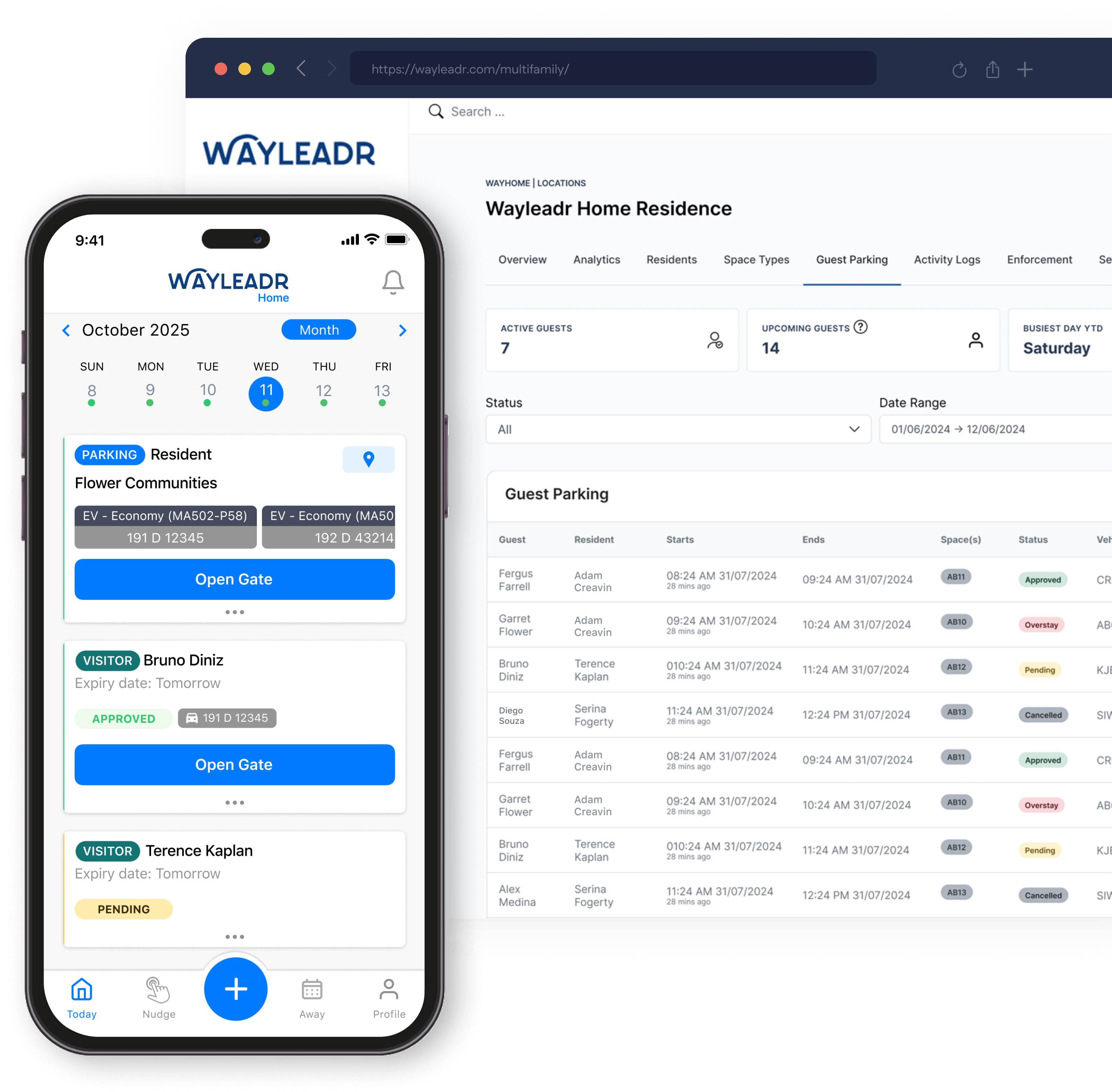 Mobile and desktop screens showcase the Wayleadr app interface for managing multifamily parking, displaying details like visitor names, gate options, and status updates.