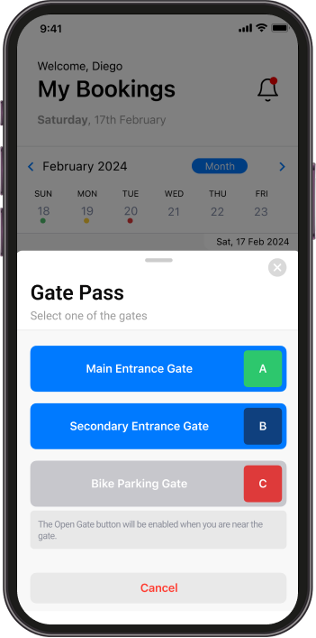 Smartphone screen displaying a booking app with gate pass options: Main Entrance Gate (A), Secondary Entrance Gate (B), and Bike Parking Gate (C). Date shown: Saturday, 17th February 2024.