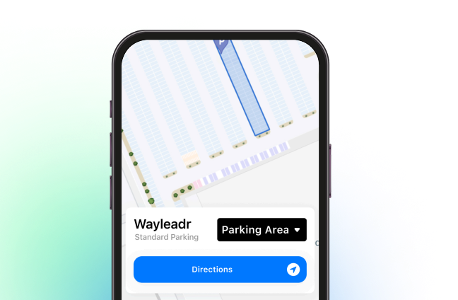 The smartphone screen shows a parking app featuring a map, highlighting a marked parking spot and options for standard and multifamily parking. A directions button is clearly visible.