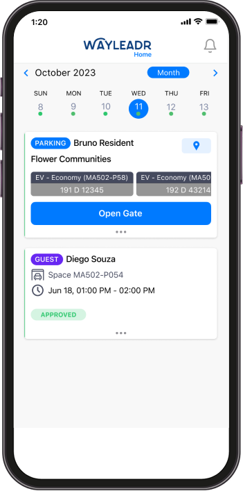 The mobile app interface displays multifamily parking reservations for Bruno Resident and Diego Souza on October 11, 2023. Bruno can open the gate, while Diego's reservation is approved.