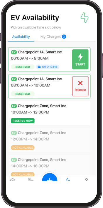 Smartphone screen displaying EV charging availability. Two time slots reserved, with options to start or release. Additional slots shown from 10:00AM to 12:00PM.