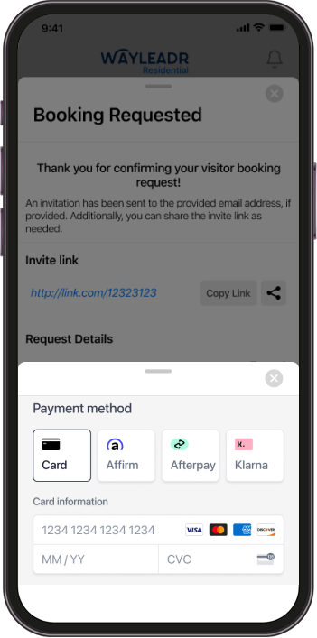 A mobile screen displays a booking confirmation page with diverse payment options like card, Affirm, Afterpay, and Klarna. An invite link is ready to copy for seamless sharing. Perfect for reserving your multifamily parking or any other needs effortlessly.