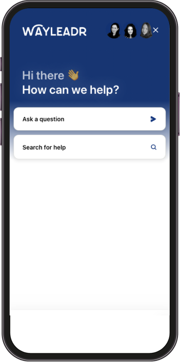 The mobile screen displays Wayleadr's customer service interface, featuring options to "Ask a question" or "Search for help," ideal for those navigating multifamily parking solutions. User icons are neatly arranged at the top.