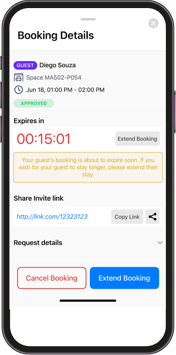 A smartphone screen displaying a booking details page with a countdown timer, guest name, space code, date, time, and options to cancel or extend the booking.