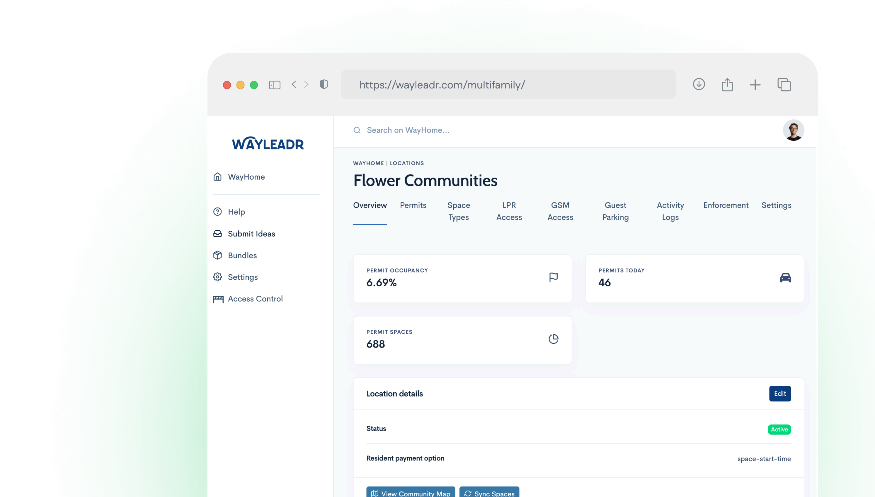 A dashboard displaying "Flower Communities" statistics reveals permit occupancy at 6.69%, total permits 45, and multifamily parking spaces totaling 688. Navigate via the menu on the left, while the web address remains visible at the top for quick access.