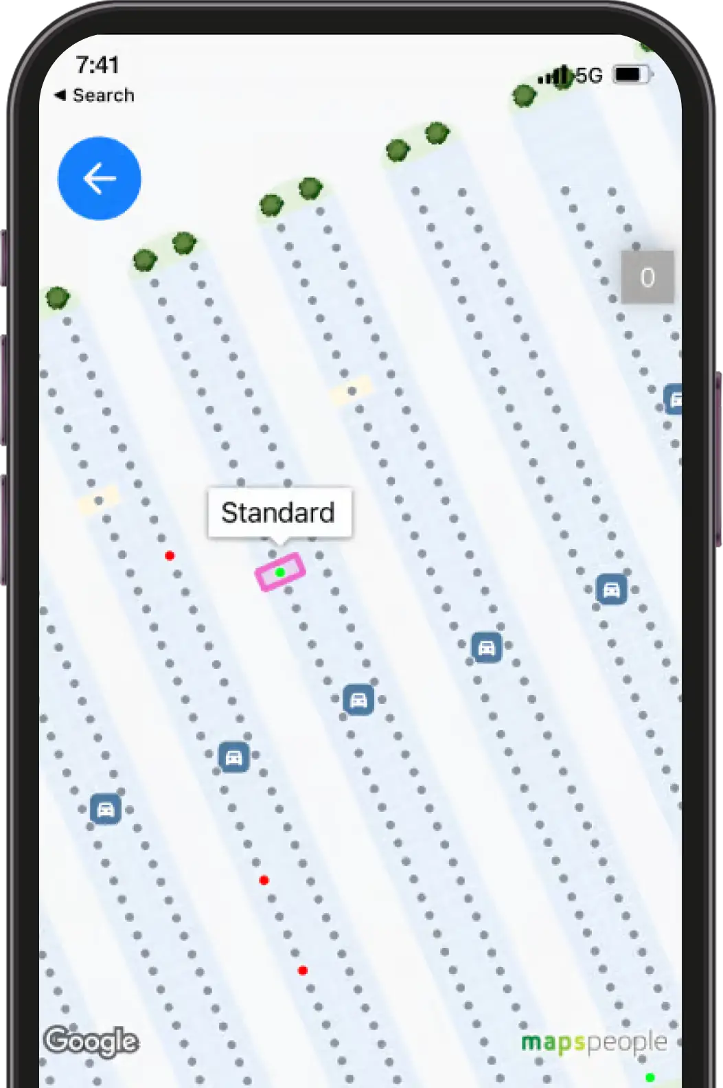 GPS navigation screen showing a parking lot map. A highlighted route leads to a parking space marked "Standard." Blue parking icons and green trees are visible.