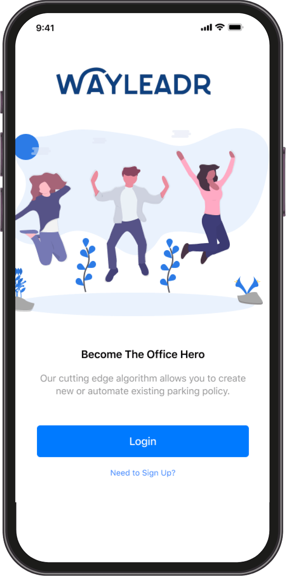 A mobile app screen displays the Wayleadr logo, an illustration of three people jumping, and options to log in or sign up for an automated parking policy service.