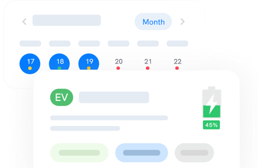 A digital interface showing a calendar with blue highlighted dates and an EV status card displaying a 45% battery charge.