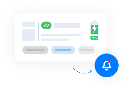 A notification icon with a red dot overlays a card showing an electric vehicle with a 75% charged battery.