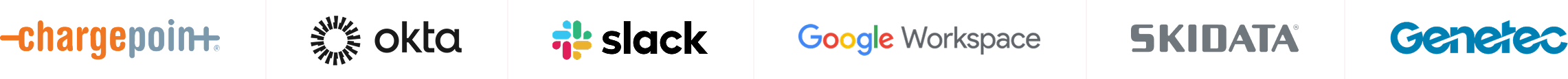 Logos of ChargePoint, Okta, Slack, Google Workspace, SNL Data, and Carebo, displayed in a row on a light gray background.