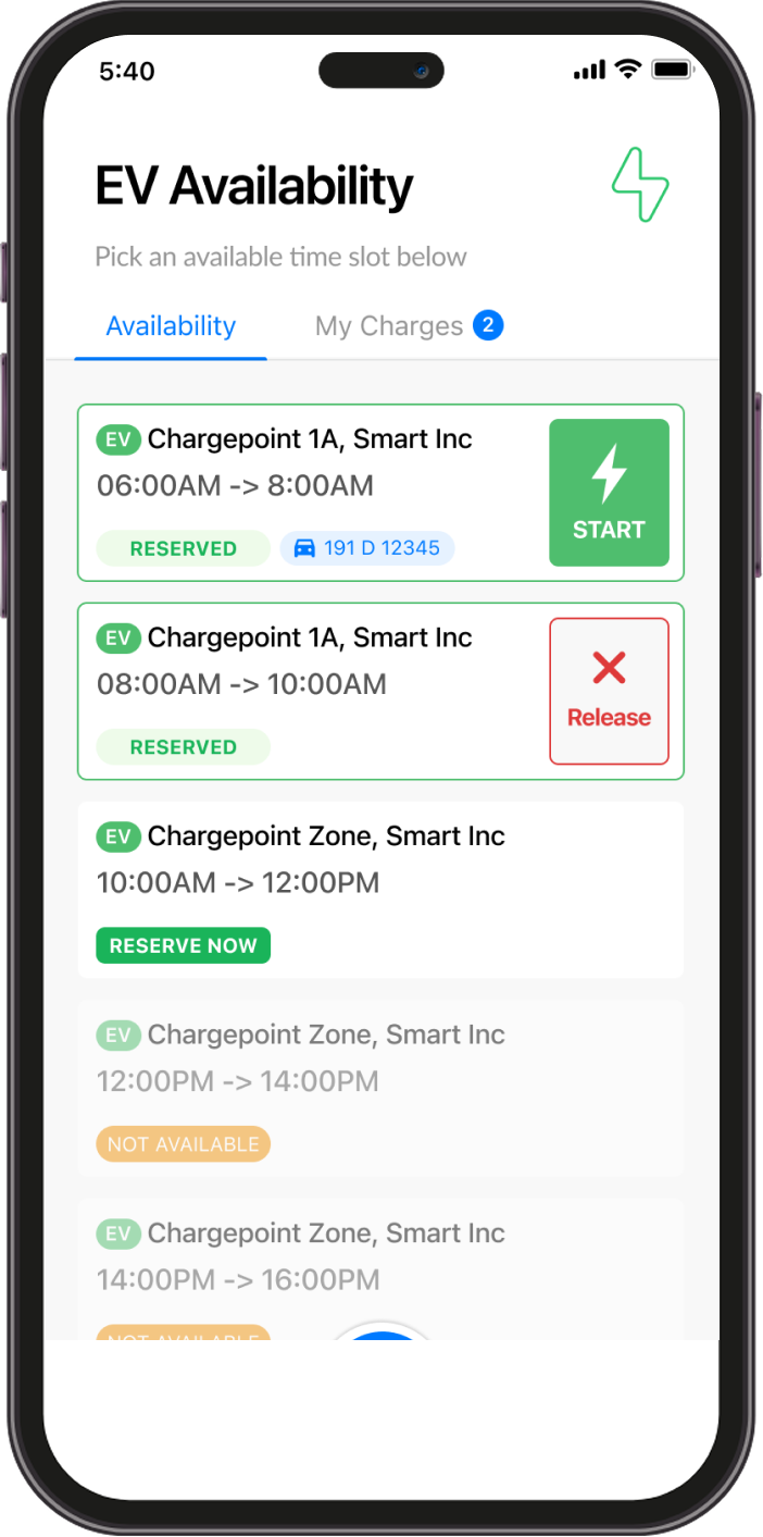 A smartphone screen displays an EV charging app showing availability of time slots, with options to start, release, or reserve charging at different times.