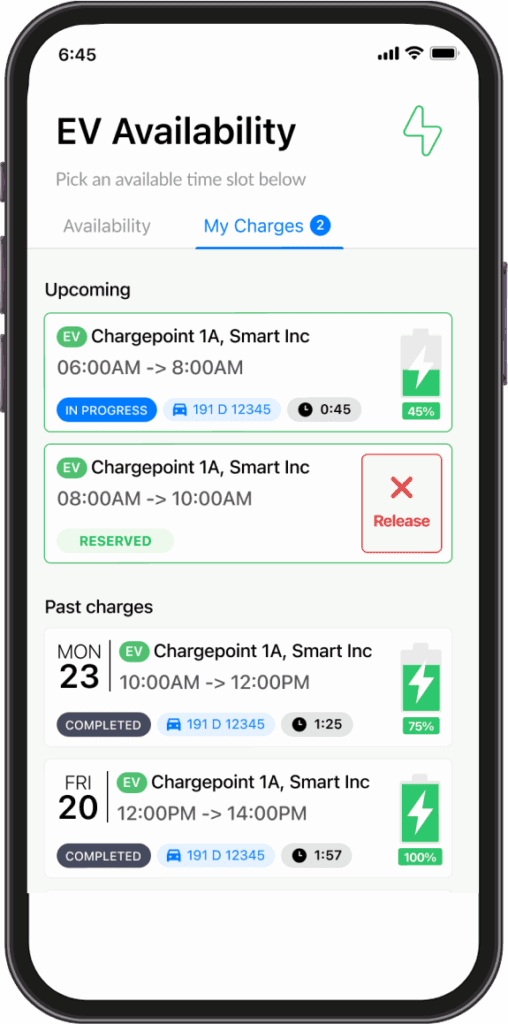 Smartphone screen showing EV charging slot reservations; one active, one upcoming and reserved, plus two past completed sessions listed below with dates and battery percentages.