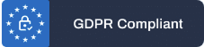 A blue badge with a padlock and stars icon next to the text "GDPR Compliant" on a dark background.