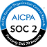 A circular AICPA SOC 2 logo with blue and black sections, displaying "AICPA SOC 2" and "Formerly SAS 70 Reports.