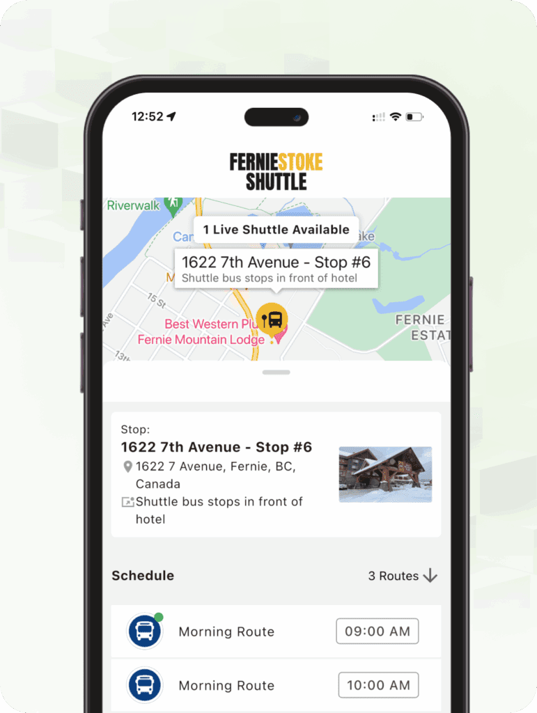 Smartphone screen displaying the Fernie Stoke Shuttle app with a map, stop information, shuttle availability, and morning route schedules.