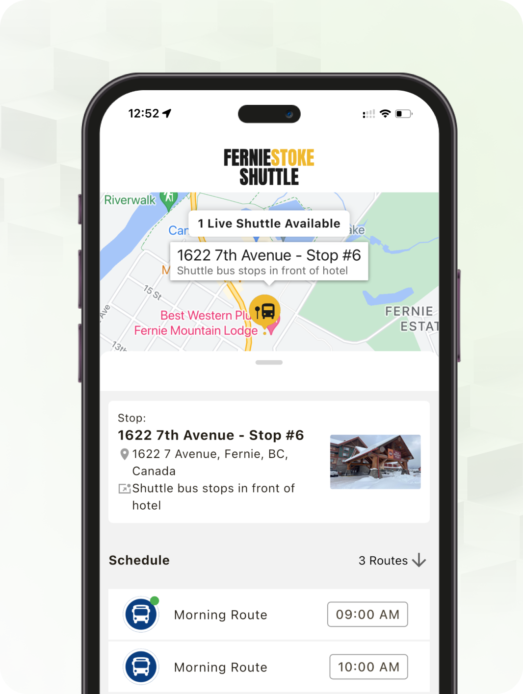 Smartphone screen displaying the Fernie Stoke Shuttle app with a map, stop information, shuttle availability, and morning route schedules.