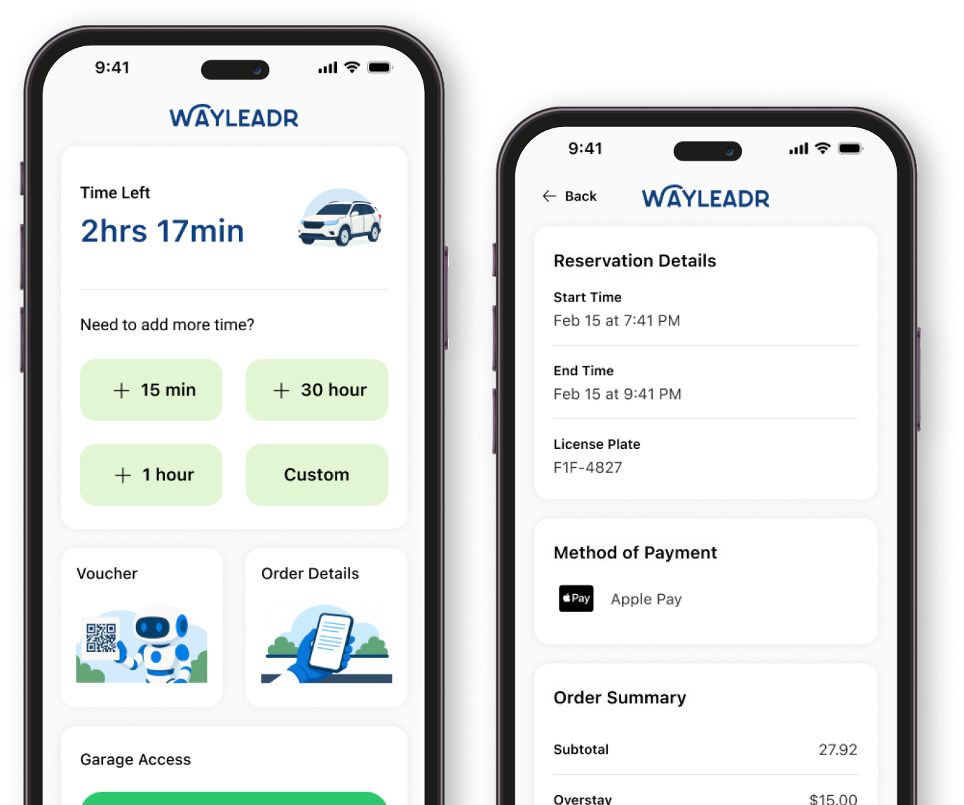 Two smartphones display the Wayleadr app, showing parking time management options on one screen and reservation details with payment information on the other.