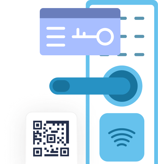 Illustration of a door handle with a key card, QR code, and wireless access symbol, representing digital and contactless entry methods.
