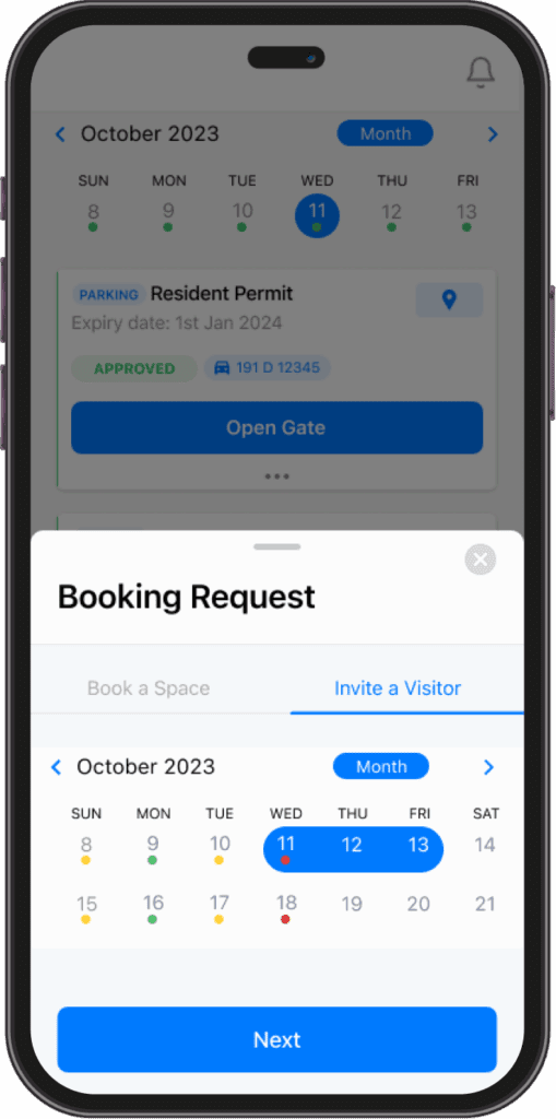 A smartphone screen displays a parking app with a booking request for October 11, 2023, showing a resident permit and calendar date selection.