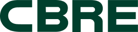 CBRE logo in bold, dark green capital letters on a light background.