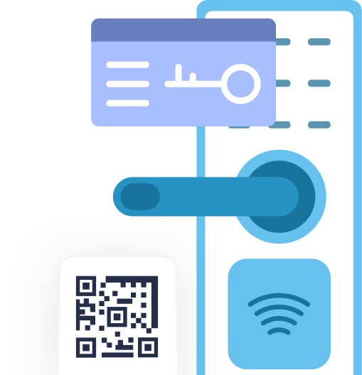 Illustration of a smart door handle with a QR code, a key card, and a wireless signal icon, representing digital access methods.