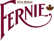 Tourism Fernie logo with "Fernie" in large maroon letters, a small maple leaf, and "TOURISM" above in smaller text.