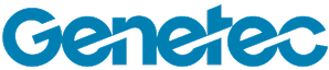 Genetec logo in blue lowercase letters with a diagonal line running through the text.