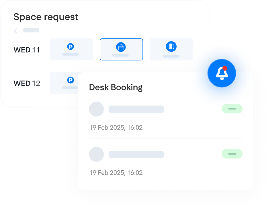 A user interface shows space and desk booking for February 2025, with options for different dates and a notification bell icon.