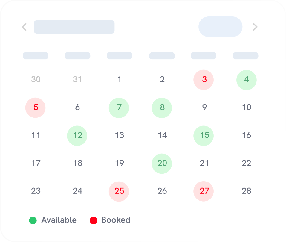 A monthly calendar with dates marked in green for available and red for booked; several dates are highlighted accordingly.