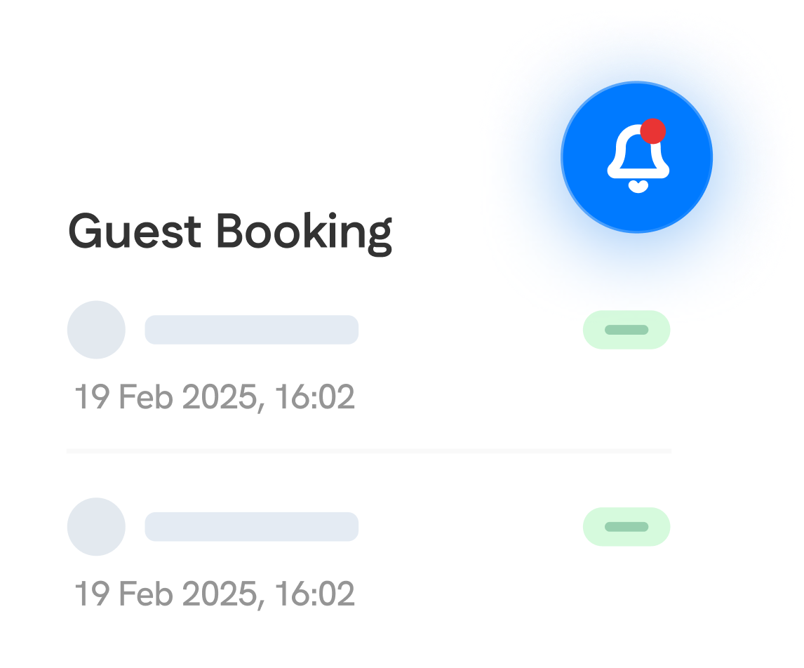 A digital interface displays guest booking details with dates and times; a notification bell icon with a red dot is shown in the upper right corner.
