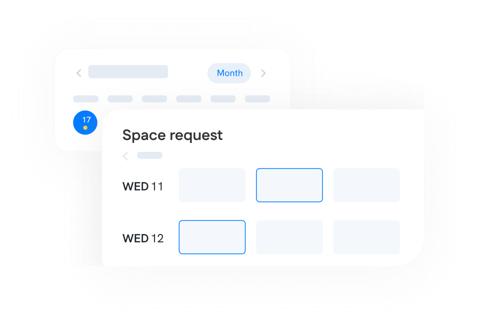 A digital interface shows a space request form with date options for Wednesday 11 and Wednesday 12, featuring empty selection boxes.