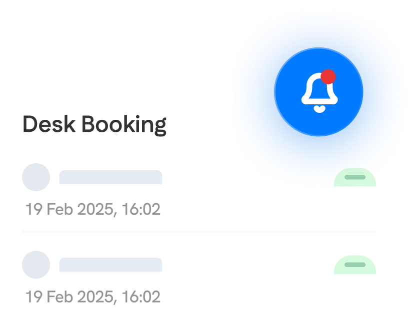 A digital interface showing "Desk Booking" with two booking entries dated 19 Feb 2025, and a blue notification bell icon with a red dot in the top right corner.