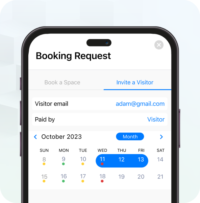 A smartphone screen shows a booking request form with visitor email, payment details, and a calendar for selecting dates in October 2023.