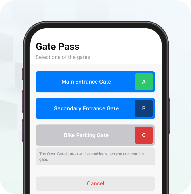 A smartphone screen shows a gate pass app with options for Main Entrance Gate (A), Secondary Entrance Gate (B), and a disabled Bike Parking Gate (C).