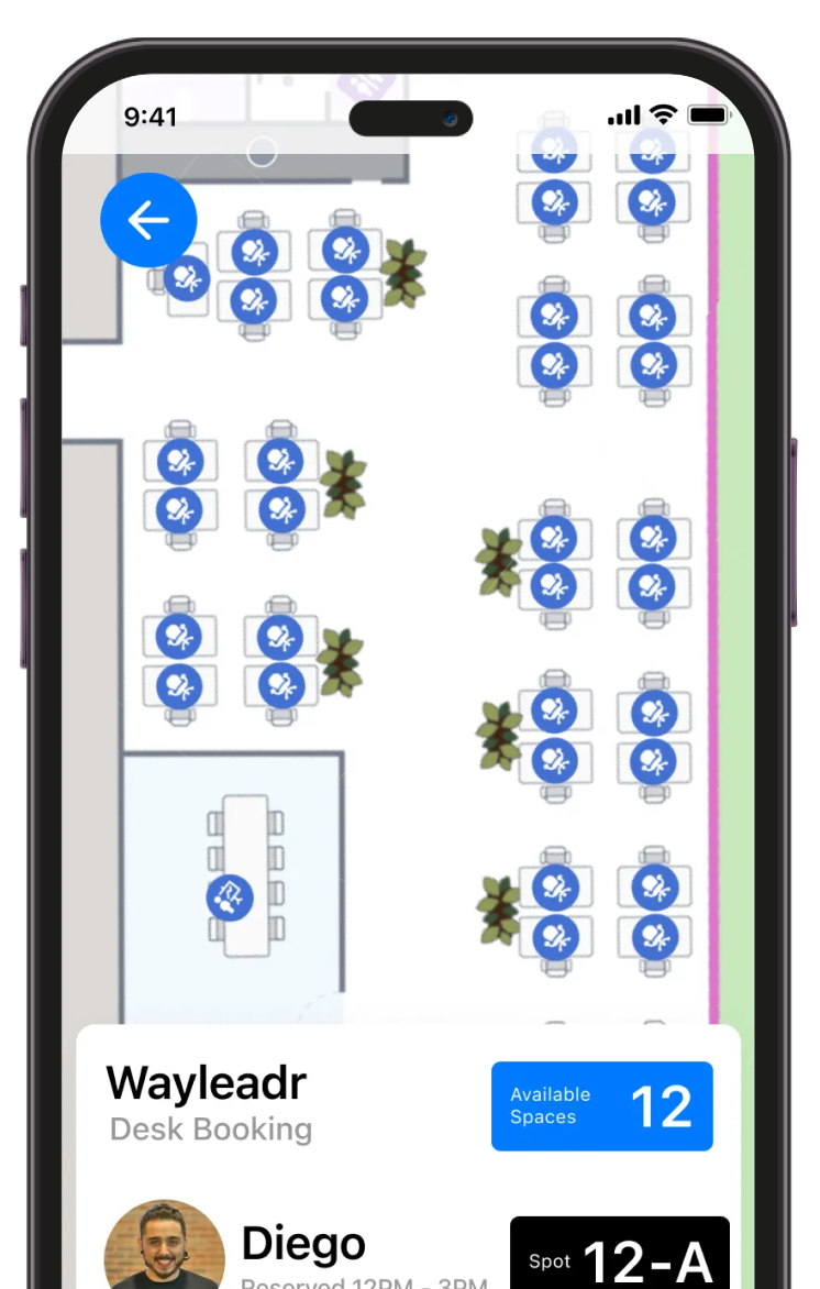 A smartphone screen displays a desk booking app showing an office floor plan with available desk spaces and a reservation by a user named Diego for spot 12-A.