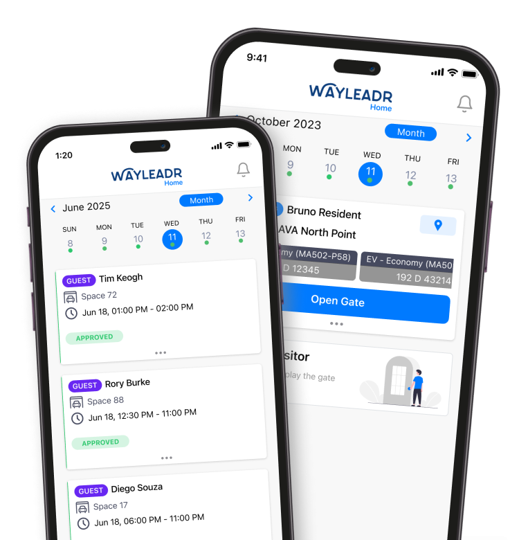 Two smartphones display the WAYLEADR app interface, showing parking space bookings and an option to open an access gate for a parking facility.