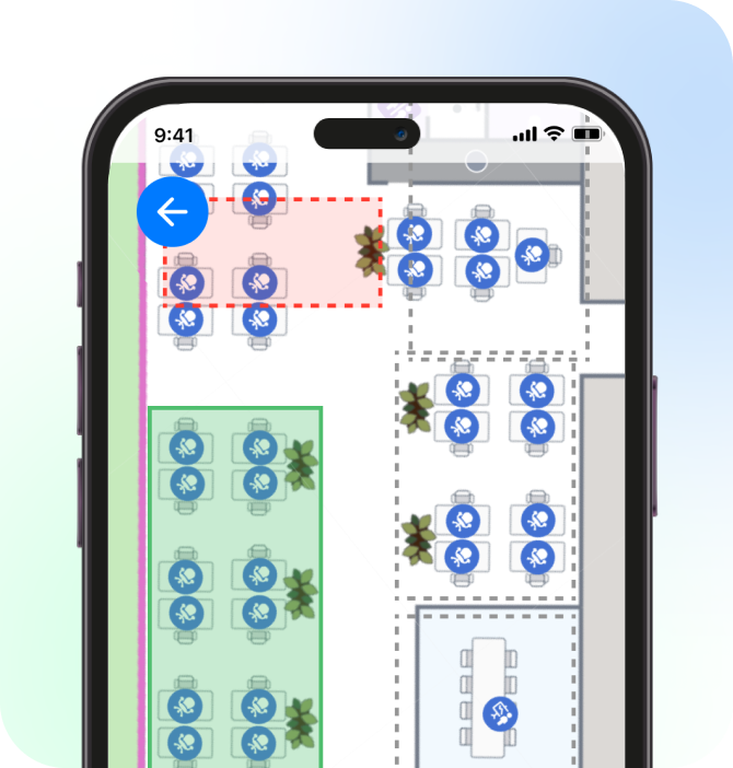 A smartphone screen displays a floor plan with various tables, chairs, and plant icons, some highlighted with blue symbols and red dashed boxes.