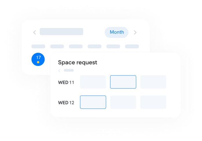 Digital calendar interface showing a highlighted date, a "Month" filter, and a "Space request" section with selectable slots for Wednesday 11 and Wednesday 12.