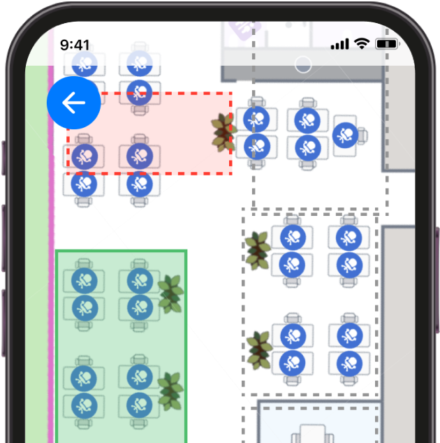 A smartphone screen displays a seating chart with tables and chairs, some sections highlighted in red and green, and selective blue icons marking certain seats.